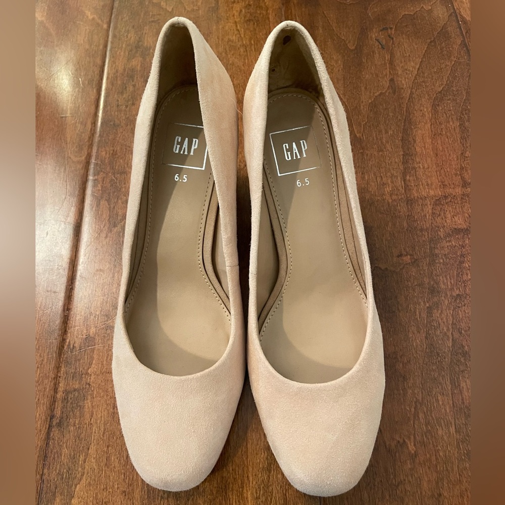 Nude suede block heels